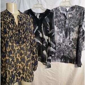 Lot of 3 Chico’s blouses Tops Chicos size 1 Medium  Semi Sheer, Silk Leopard